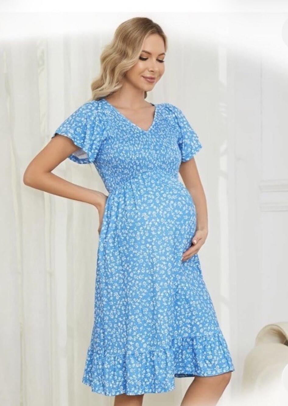 Blue & White Floral Maternity Dress Flutter Sleeves Smocked Bodice MEDIUM